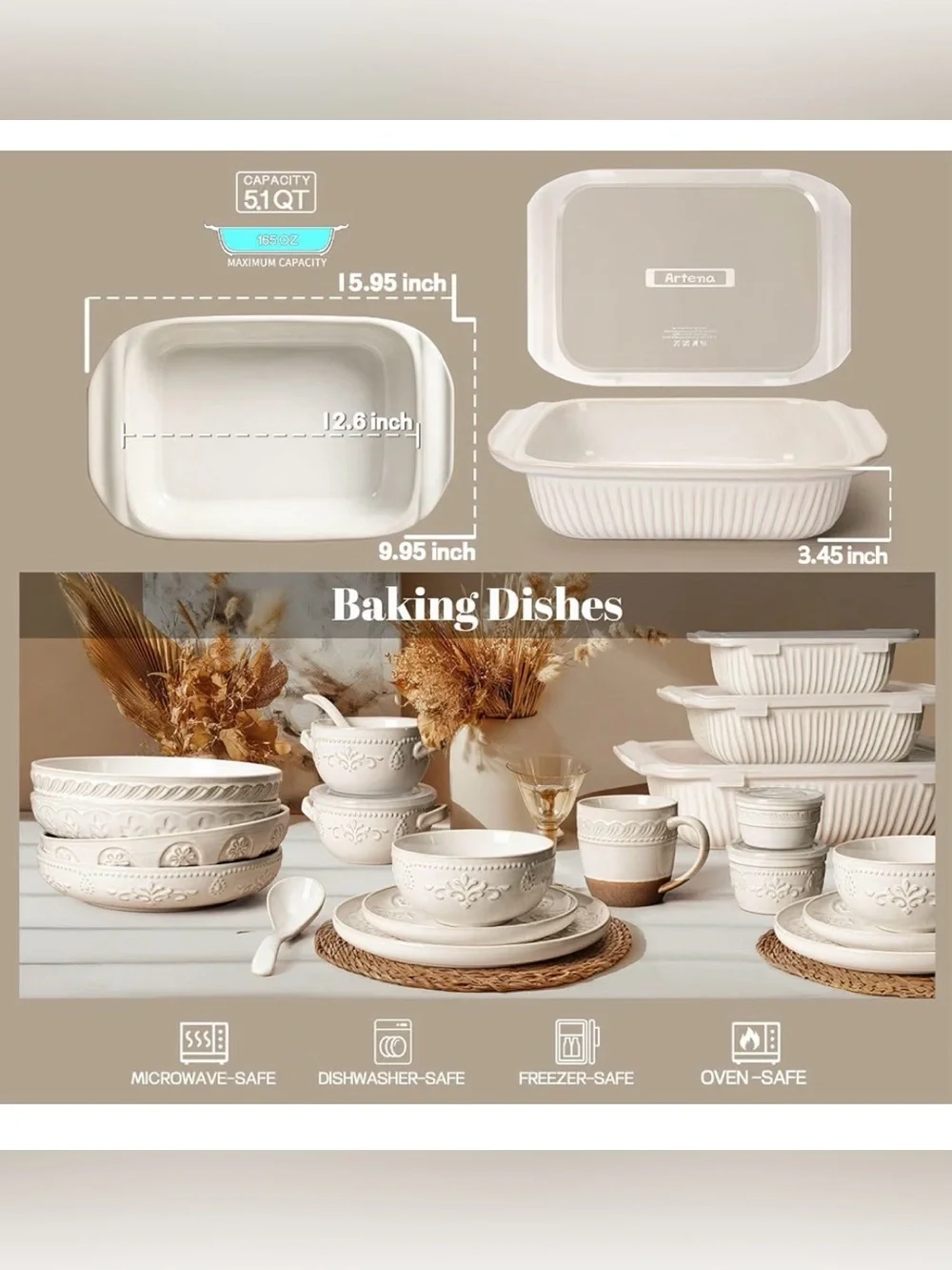 Artema Baking Dish 5.1 Quarts, Casserole Dish with Lid